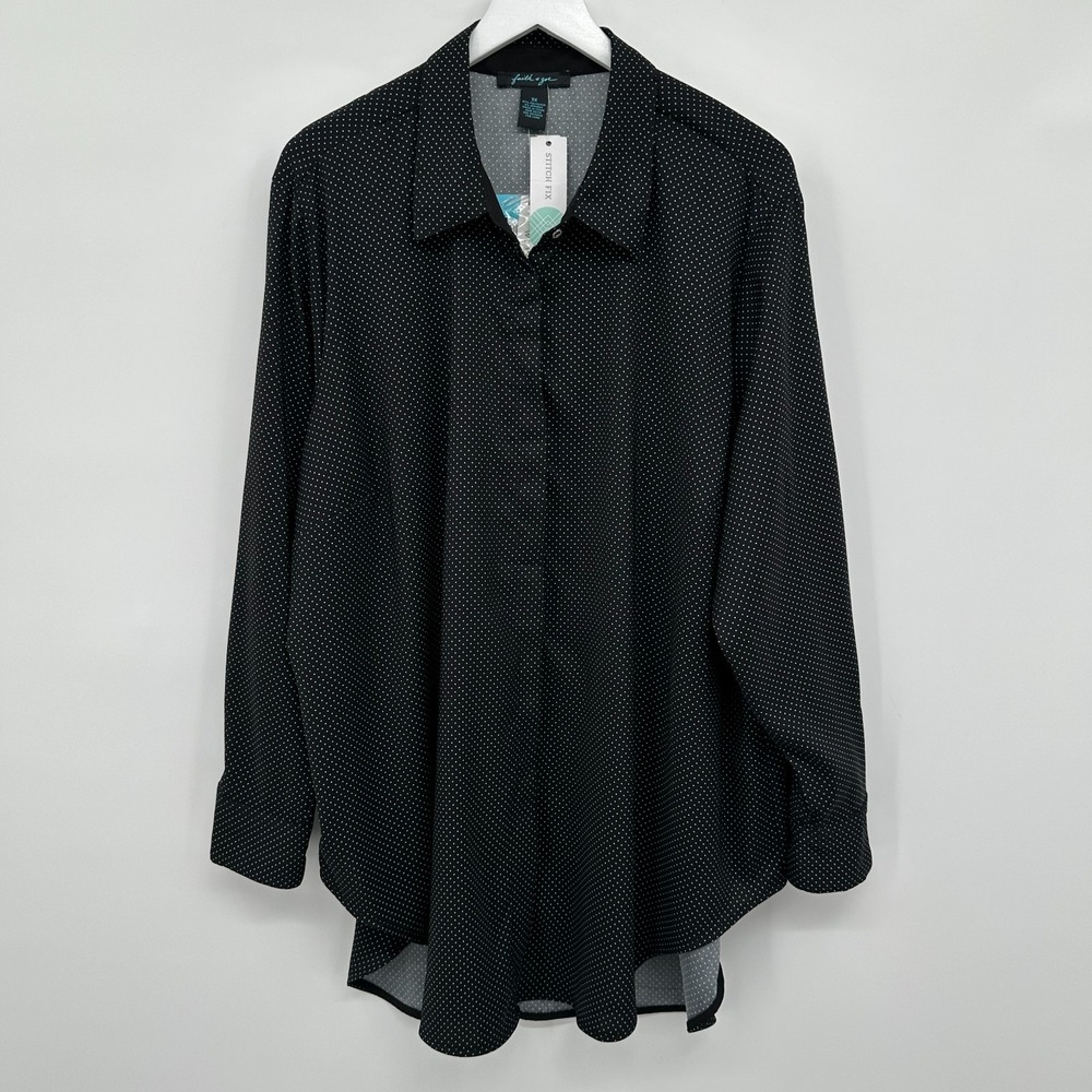 Faith‎ & Zoe Tunic Top Shirt 3X Stretch Button Up Dark Academia Polka Dot New - Picture 12 of 12